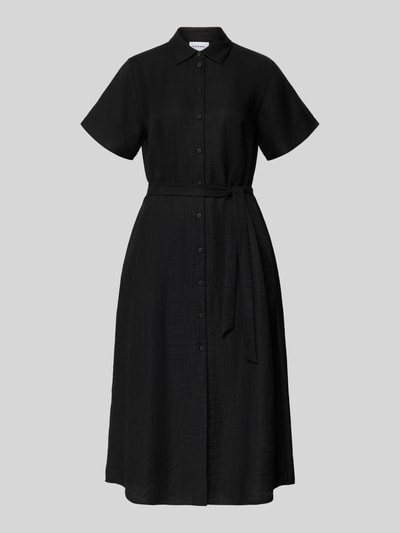 Produktfoto, czarne sukienka midi z mieszanki wiskozy i lnu, wykładany kołnierz, listwa guzikowa, tasiemka w talii, krój taliowany, krótki rękaw; 'Midikleid aus Viskose-Mix mit Umlegekragen' od COMMA, długość tyłu w rozmiarze 36: 119 cm, szerokość w rozmiarze 36: 49 cm, długość rękawów w rozmiarze 36: 19 cm.
