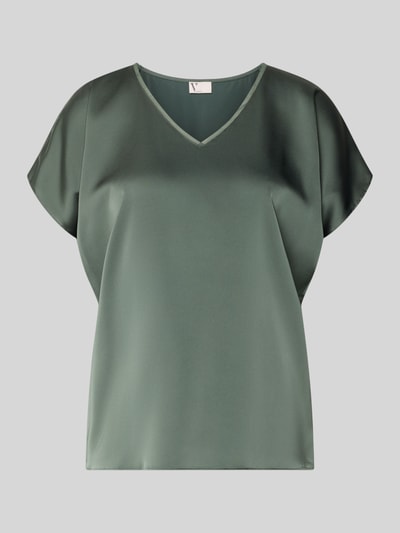 Produktfoto, Blusenshirt aus Satin mit V-Ausschnitt von V by Vera Mont in sanftem Grün, seidig glänzende Oberfläche, Regular Fit, Kappärmel, Rückenlänge 61 cm bei Größe 36.