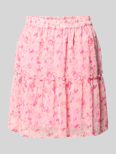 Produktfoto, roze minirok van Vila model 'EMMA' met all-over look, elastische band, A-lijn, bandwijdte maat 36: 34 cm, totale lengte 47 cm