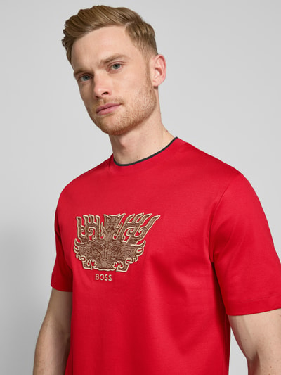 BOSS T-shirt met motief- en labelstitching, model 'Taut' Rood - 3