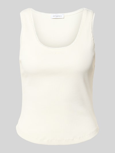 Produktfoto, Tanktop in Ripp-Optik Modell 'Jolie' von OH APRIL im Baumwoll-Elasthan-Mix mit Spitze, Slim-Fit, Rückenlänge 51 cm Größe S.