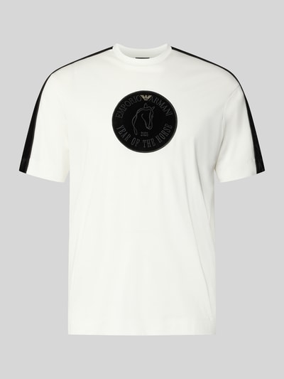 Produktfoto, T-Shirt mit Label-Detail von Emporio Armani, weiß mit schwarzem Rundhalsausschnitt, Lyocell-Baumwoll-Mix, Regular-Fit