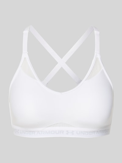 Produktfoto, weißer Sport-BH mit Label-Schriftzug Modell 'UA Crossback Low Bra' von Under Armour, glatte Oberfläche, Damen Sport-BH von Under Armour