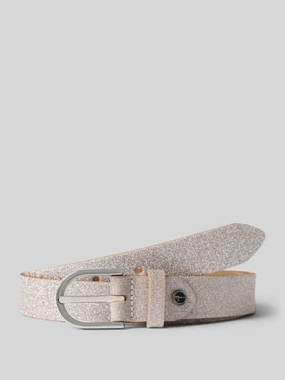 Productfoto, Gürtel aus echtem Leder mit Glitzer van Tamaris, zilver glitter, glad oppervlak, metalen gesp, oplichte achtergrond