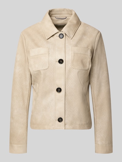 Produktfoto, Regular Fit Jacke in Leder-Optik von Amber & June, beige mit Umlegekragen, Brusttaschen, Knopfleiste, strukturierte Oberfläche