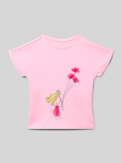 Produktfoto, Regular Fit T-Shirt mit Motiv-Print von Blue Seven, Kinder T-Shirt aus Reine Baumwolle mit Zierbesatz, Rundhalsausschnitt, Rückenlänge 43 cm bei Größe 116, rosa Grundfarbe, bunter Motiv-Print, glatte Textur