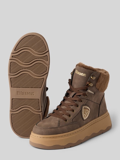 Produktfoto, High Top Sneaker mit Strasssteinbesatz von Blauer USA in Braun, strukturierte Plateausohle, Kunstfellbesatz, abgerundete Form