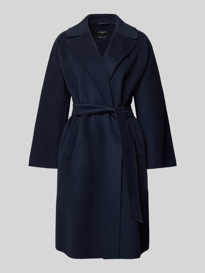 Produktfoto, dunkelblauer Regular Fit Wollmantel aus Schurwoll-Mix Modell 'CIVADA' von Weekend Max Mara, unifarben, Bindegürtel, Reverskragen, seitliche Eingrifftaschen, glatte Textur