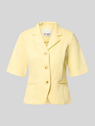 Produktfoto, Blazer mit Viskose-Anteil Modell 'Kate' von ICHI in softem Gelb, Elastischer-Material-Mix, taillierte Passform, Reverskragen, Halbarm, durchgängige Knopfleiste, Paspeltaschen, glatte Struktur