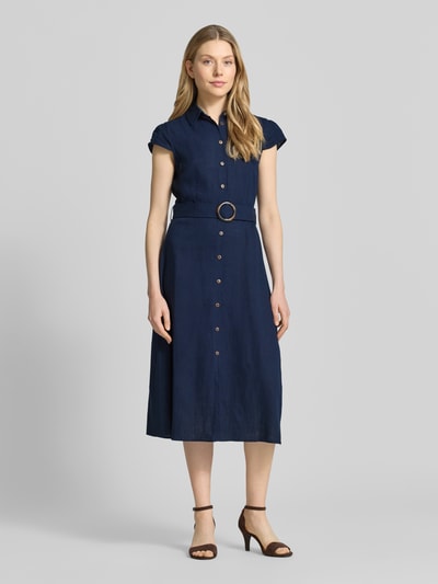 Apricot Hemdblusenkleid aus Viskose-Leinen-Mix mit Gürtel Marine 4