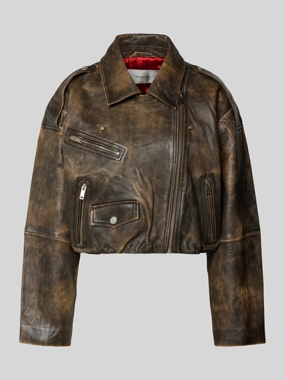 Produktfoto, Lederjacke mit Reißverschlusstaschen Modell 'diana' von Gestuz aus braunem Lammleder mit Kentkragen und Pattentaschen, Loose-Fit.