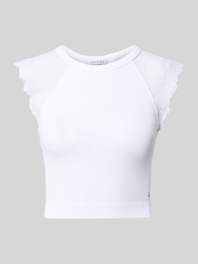Produktfoto, Crop Top mit Spitzenbesatz Modell 'MILLIE' von Guess, biały, materiał z domieszką stretchu, krój slim fit, cropped, koronka