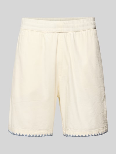 Produktfoto, Shorts mit umstochener Kante von REVIEW aus Baumwoll-Viskose-Mix, Regular-Fit, elastischer Bund, seitliche Eingrifftaschen, helle Farbe, feine Textur, Bundweite 42 cm, Innenbeinlänge 19 cm, schlichtes Design