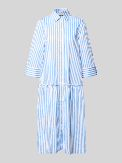 Produktfoto, Relaxed Fit Hemdblusenkleid mit Rüschenbesatz von Christian Berg Woman, blau-weiß gestreift, reine Baumwolle, Hemdblusenkragen, 3/4-Arm, durchgehende Knopfleiste, mittellange Länge, strukturierte Textur