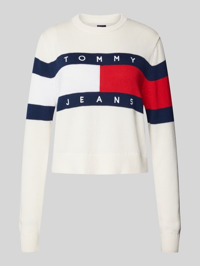 Tommy Jeans Sweter z dzianiny z detalem z logo model ‘CENTER FLAG’ Złamany biały 1