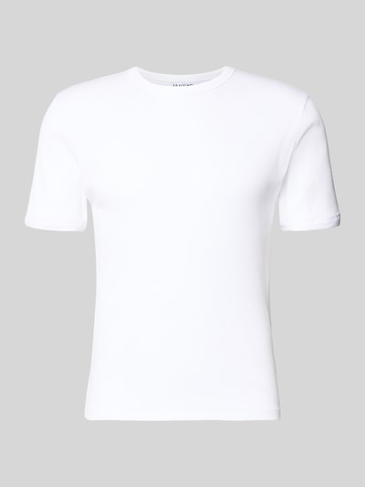 Produktfoto, białe t-shirt 'T-Shirt in Ripp-Optik mit Rundhalsausschnitt' od Jake*s z mieszanki bawełny i elastanu, krój slim fit, efekt prążkowania, okrągły dekolt, długość tyłu w rozmiarze M: 56 cm