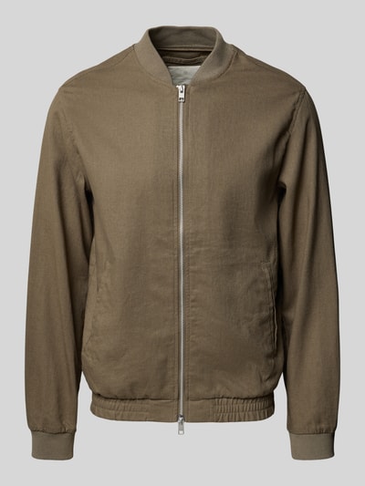 Produktfoto, Jacke aus Baumwoll-Leinen-Mix mit Zweiwege-Reißverschluss von Jack & Jones Premium in Oliv, Regular Fit, sichtbare Taschen, grobe Textur.