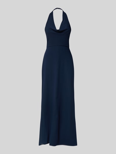 Produktfoto, granatowe Midikleid mit Neckholder von Laona, krój taliowany, dekolt wodospadowy, nieprześwitująca halka, długość tyłu 125 cm, szerokość w rozmiarze 36: 33 cm, gładka tkanina, eleganckie wykończenie