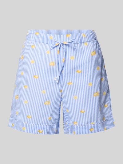 Produktfoto, Pyjama-Shorts im Allover-Look von Christian Berg Woman aus reiner Baumwolle, krój regular fit, niebiesko-białe paski z żółtym wzorem, elastyczny pas z troczkiem