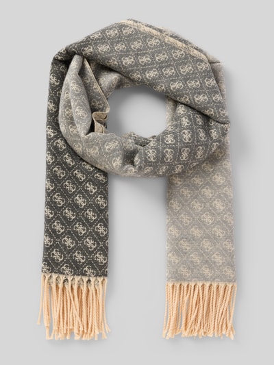 Produktfoto, Schal aus Viskose-Mix mit Logo-Detail von GUESS, grau-beige gemustert mit Kordel-Abschluss, längliche Passform, Damen Schal