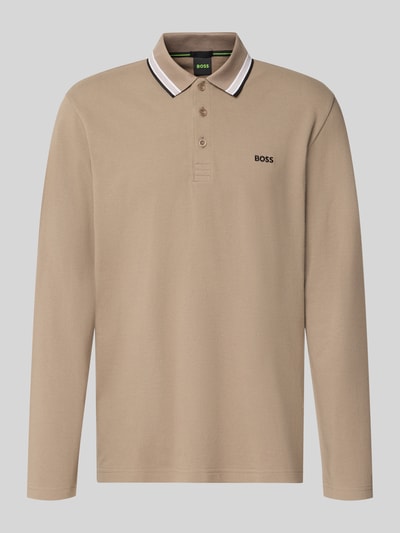 Produktfoto, Regular Fit Poloshirt aus reiner Baumwolle Modell 'Plisy' von BOSS Green in Beige mit weißen und schwarzen Streifendetails am Kragen