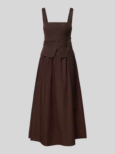 Produktfoto, dunkelbraunes Midikleid aus Leinen-Viskose-Mix, A-Linie, 2-in-1-Look, Forever New, Modell 'Celina', glatte Textur