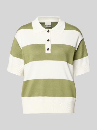 Produktfoto, Regular Fit Poloshirt aus Viskose-Mix Modell 'LULS' von ICHI mit Streifenmuster in Weiß und Oliv, Strick-Optik, Damen
