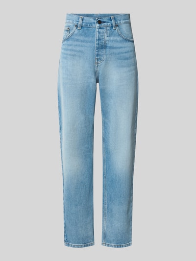 Produktfoto, Balloon Fit Jeans aus reiner Baumwolle Modell 'Newel' von Carhartt Work In Progress in hellblauer Waschung, 5-Pocket-Design, gerade Form, Frontansicht, Herren Jeans, Knopf- und Reißverschluss, Bundweite 48 cm, Innenbeinlänge 77 cm.