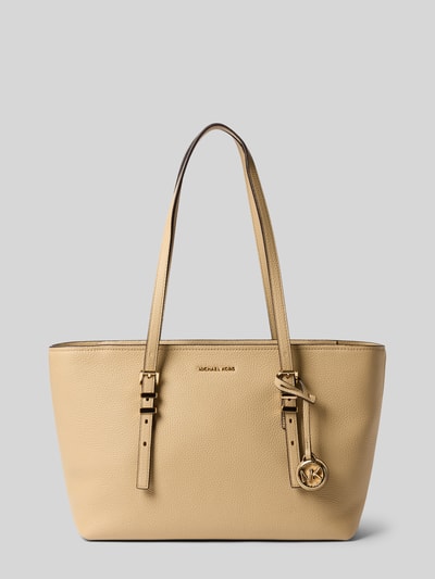 Produktfoto, Tote Bag aus echtem Leder mit Logo-Applikation Modell 'Quinn' von MICHAEL Michael Kors in Beige, feines Narbenleder, goldene Details, breite Form, schmale Schulterriemen, Maße 41x22x12 cm, Reißverschluss, Schulterriemen 86 cm