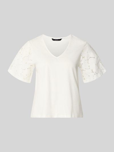Produktfoto, Regular Fit Blusenshirt aus reiner Baumwolle Modell 'VILLA' von Vero Moda, Farbe Weiß, Spitzenbesatz, Optik: Unifarben, Kurzarm, Jersey.
