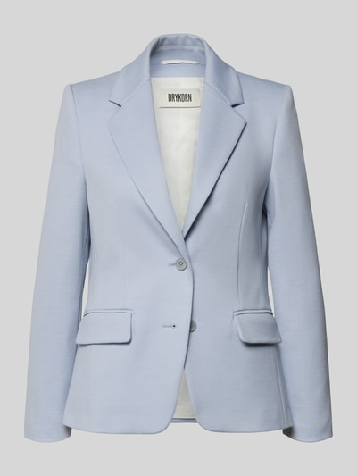 Produktfoto, jasnoniebieski Slim Fit Blazer mit Pattentaschen Modell 'BUNDREY' od Drykorn, krój slim fit, klapy, zapięcie na guzik, kieszenie z patkami, długość tyłu w rozmiarze 36: 62 cm, szerokość w rozmiarze 36: 43 cm, długość rękawa w rozmiarze 36: 62 cm, gładka tekstura