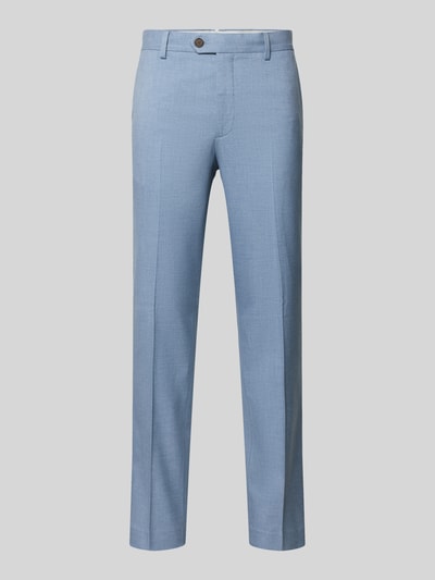 Produktfoto, Slim Fit Anzughose aus Viskose-Mix Modell 'MAX-LANO' von SELECTED HOMME in melierter hellblauer Optik mit Gürtelschlaufen, Schiebehaken, Knopf, verdecktem Reißverschluss sowie seitlichen und Gesäßtaschen, glatte Textur, gerade Schnittform.