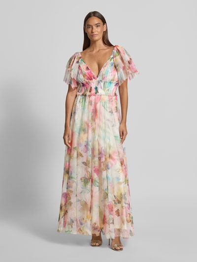 Modelka kobieca nosi Maxikleid mit Taillenband im Allover-Look od LACE & BEADS, tkanina tiulowa, krój taliowany, wzór allover, dekolt w serek, pasek w talii, długość tyłu w rozmiarze S 121 cm, szerokość w rozmiarze S 34 cm, długość rękawa w rozmiarze S 29 cm, kolorowe kwiatowe wzory i zwiewna tekstura, widok całej sylwetki z przodu