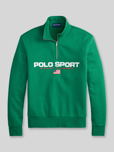Produktfoto, Relaxed Fit Troyer aus Baumwoll-Mix von Polo Ralph Lauren, Grün, unifarben, Label Print, Sweat-Textur, kurzer Reißverschluss.