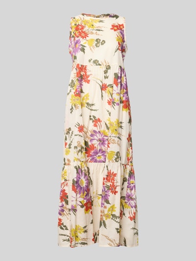 Produktfoto, Midikleid met ronde hals model 'TABARIN' van EMME, puur katoen met volantzoom, bloemmotief in rood, geel, paars, loose fit