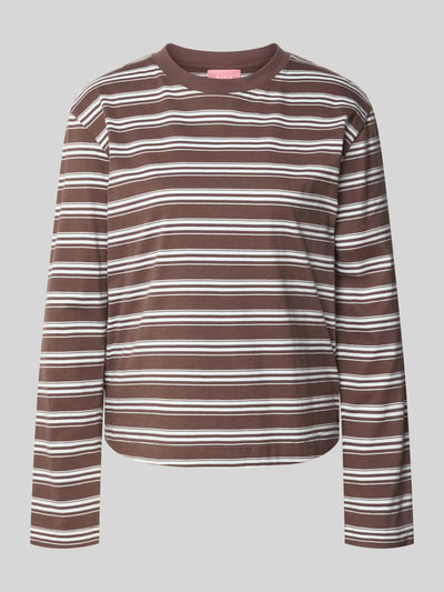 Productfoto, Relaxed Fit Langarmshirt aus reiner Baumwolle van JJXX, bruin-wit gestreept, puur katoen, ronde hals, met lange mouwen, ruglengte bij maat S: 55 cm.