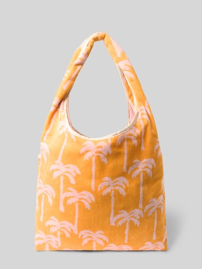 Produktfoto, Umhängetasche mit Label-Patch Modell 'Tenerife' von WOUF aus Bio-Baumwolle, gelb mit rosa Palmenmuster, weiche Textur, offenes Hauptfach, Maße 39x38x2 cm, Schulterriemen 65 cm.