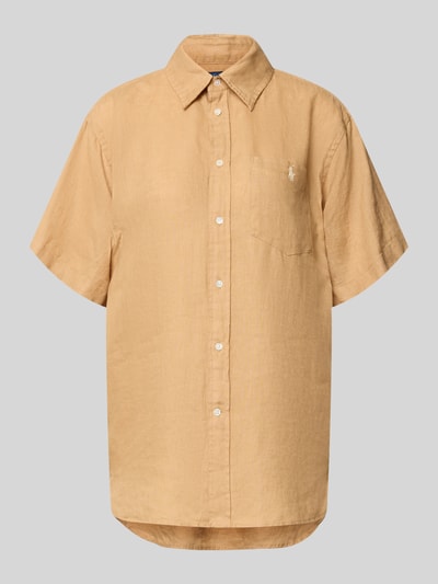 Produktfoto, Oversized Hemdbluse aus reinem Leinen von Polo Ralph Lauren in Optik: Unifarben mit Hemdblusenkragen, Logo-Stitching, Rückenpasse mit Locker Loop, kurzarm, Rumpfabschluss mit Seitenschlitzen, Brusttasche, Material: Leinen