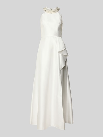 Produktfoto, Maxikleid aus Satin mit Perlen von Adrianna Papell in Weiß, A-Linie, Rundhalsausschnitt, Volants und Rückenreißverschluss, Rückenlänge bei Größe 36: 156 cm, Brustweite: 38 cm, glatte und glänzende Satin-Textur.