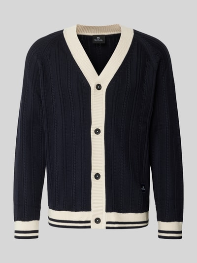 Produktfoto, Cardigan mit V-Ausschnitt und Knopfleiste von PAUL SMITH aus reiner Baumwolle, Regular Fit, schwarz-creme, Rippstruktur