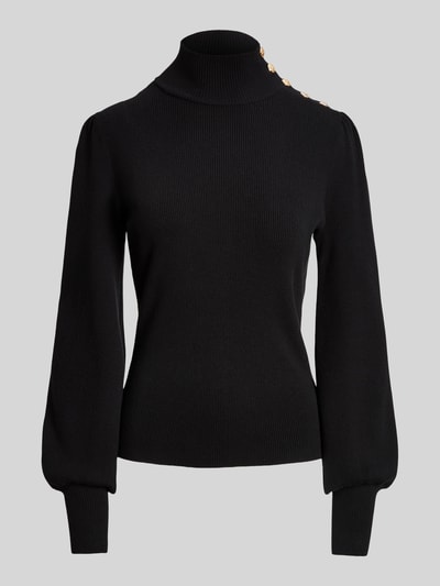 Productfoto, zwarte Slim Fit Turtleneck-Pullover uit mix van katoen en modal van Lauren Ralph Lauren voor Dames, fijne ribstructuur, goudkleurige knopen op schouder