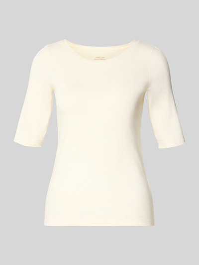Produktfoto, Damen T-Shirt mit Rundhalsausschnitt und 1/2-Arm von Marc Cain, Baumwoll-Elasthan-Mix, Regular-Fit, cremefarben, glatte Struktur