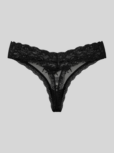 Produktfoto, schwarzer String aus Spitze Modell 'LANA LACE' im 3er-Pack von DORINA, feine Blumenmuster, elastischer Bund, körpernahe Passform, Material-Mix mit Stretch-Anteil