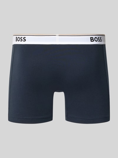 Productfoto, donkerblauwe boxershort met witte elastische tailleband, zwarte BOSS-logo's, gladde katoenmixstructuur, Trunk aus Baumwoll-Mix im set van 3 Modell '3P Boxer Brief' van BOSS, Heren Pant & boxershort