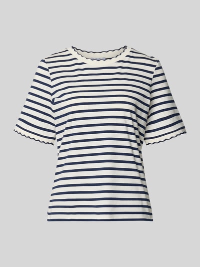 Produktfoto, T-Shirt mit Wellensaum und Rundhalsausschnitt von More & More im Streifenmuster, Baumwoll-Elasthan-Mix, Regular-Fit, 59 cm Rückenlänge bei Größe 36.