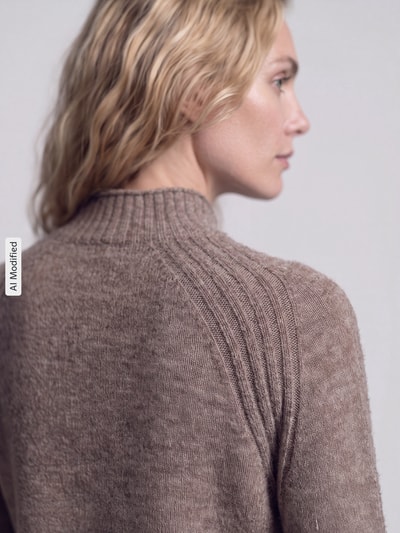 Kobiece model nosi Regular Fit Pullover mit Woll-Anteil Modell 'ASHLEY PERKINS' von Pepe Jeans z mieszanką bawełny, krój slim fit, 5 kieszeni, zapięcie na guzik i zamek błyskawiczny, Szerokość w rozmiarze 32/32: 43 cm, Długość wewnętrzna nogawki w rozmiarze 32/32: 80 cm, brązowy odcień, tekstura miękka, widoczne prążki, detaliczny widok pleców, KI-modifiziertes Bild.