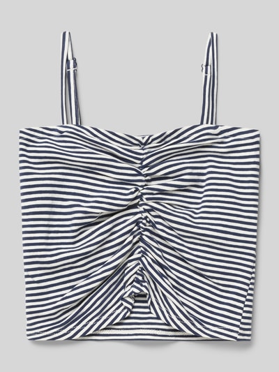 Produktfoto, Slim Fit Crop Top aus Baumwoll-Mix von s.Oliver RED LABEL mit Allover-Streifenmuster in Blau-Weiß, verstellbare Spaghettiträger, Karreeausschnitt, detailreiche Raffung, Jersey-Textur