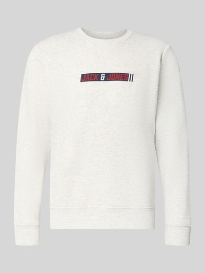 Produktfoto, Regular Fit Sweatshirt mit Baumwoll-Anteil Modell 'Munk' von JACK & JONES in Offwhite mit Logo-Print, Rundhalsausschnitt, elastische Abschlüsse