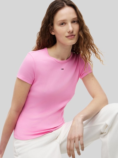 Tommy Jeans slim fit T-shirt van katoenmix in ribtricot Felroze gemêleerd - 3