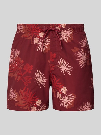 Produktfoto, Regular Fit Badeshorts mit Allover-Animal-Print Modell 'Maui' von Jack & Jones in Rot mit elastischem Bund und Tunnelzug für Herren